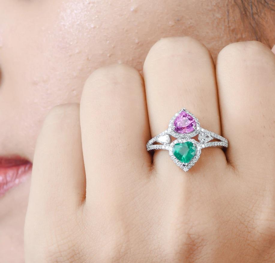 Taille Asscher Bague en émeraude naturelle de Zambie et saphir en 18k  or en vente