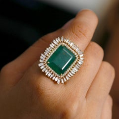 Natural Zambian Emerald Baguette Diamond 14k Yellow Gold Cocktail Ring Art Deco