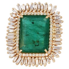 Natural Zambian Emerald Baguette Diamond 14k Yellow Gold Cocktail Ring Art Deco