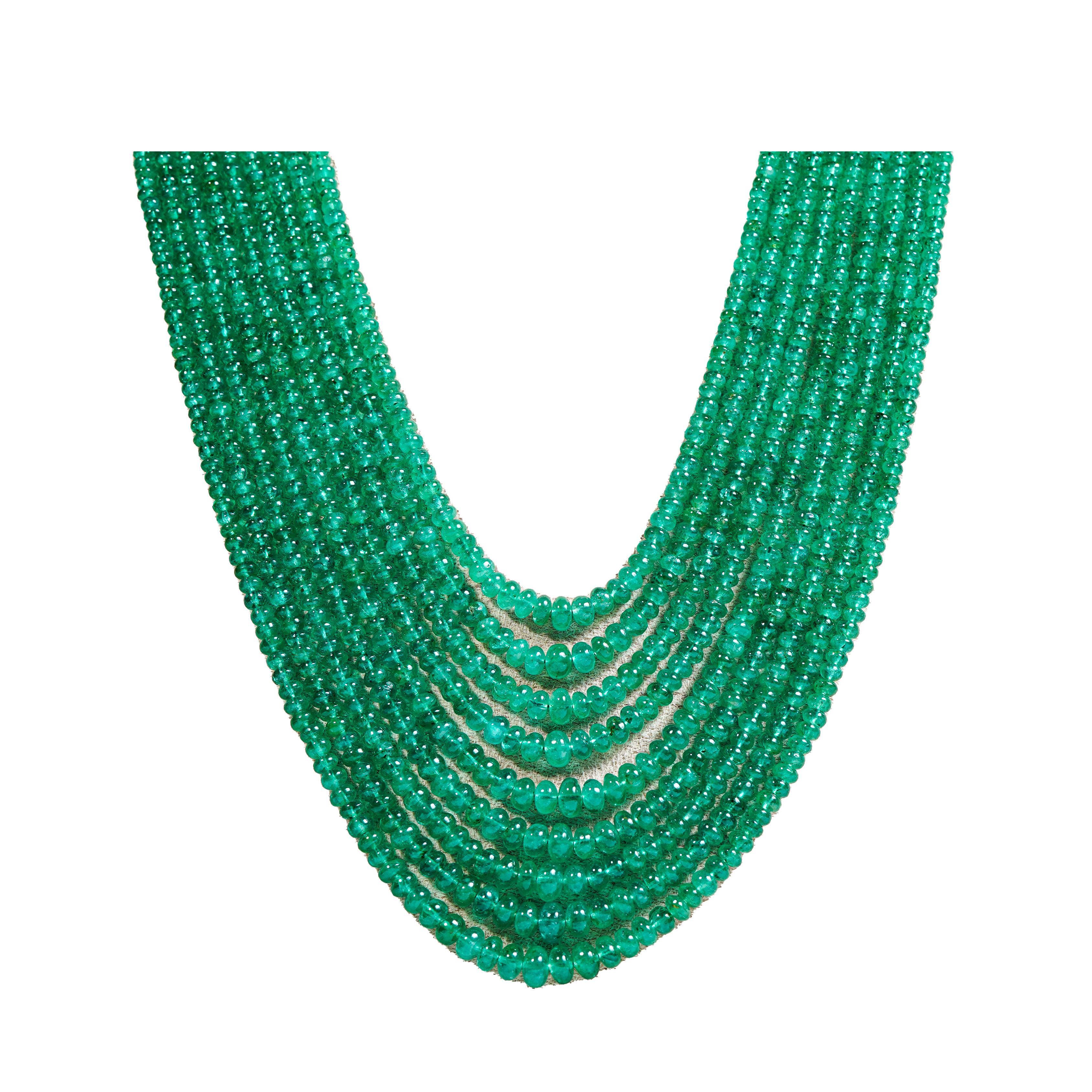Women's Natural Zambian Emerald Beads in 9 lines For Sale