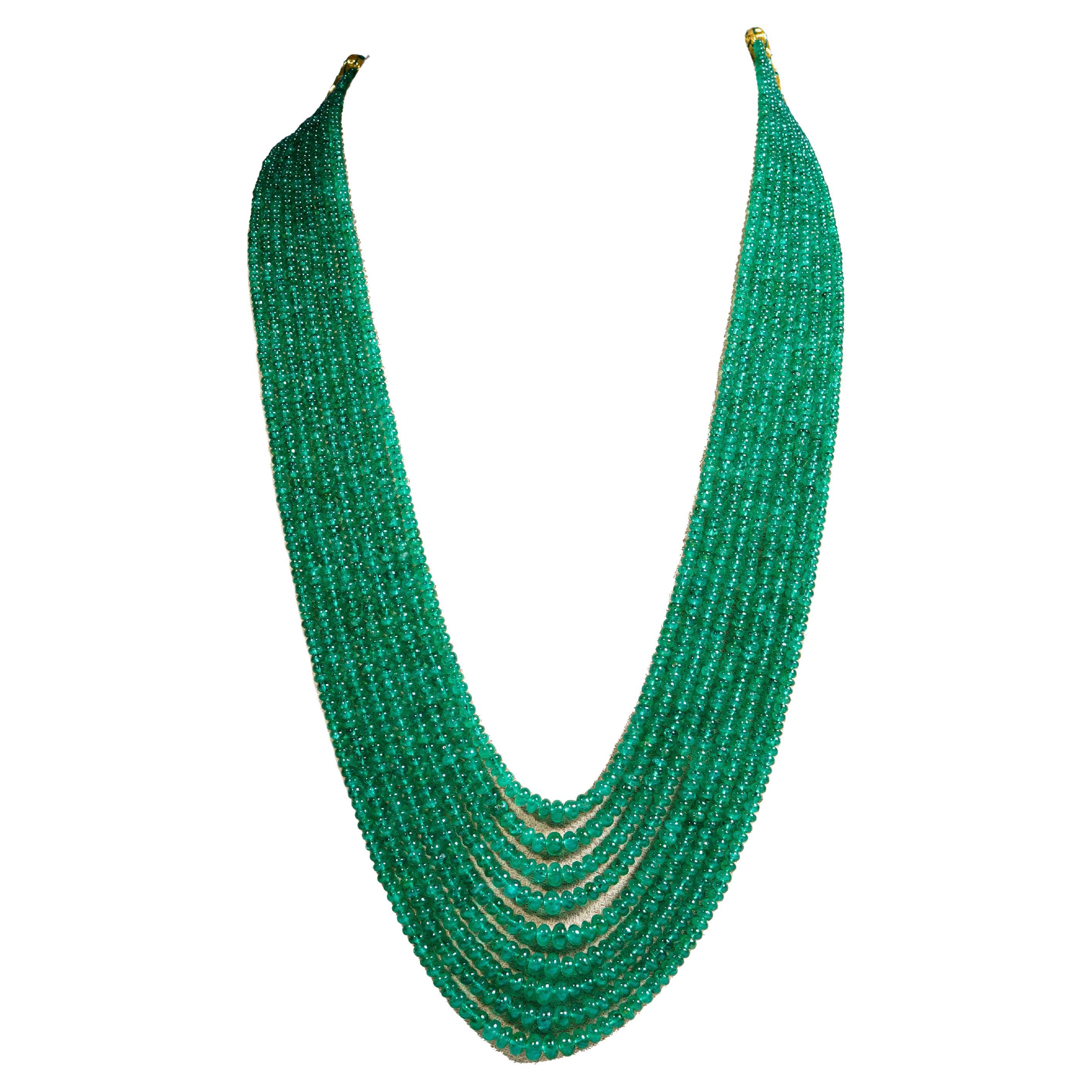 Natural Zambian Emerald Beads in 9 lines For Sale