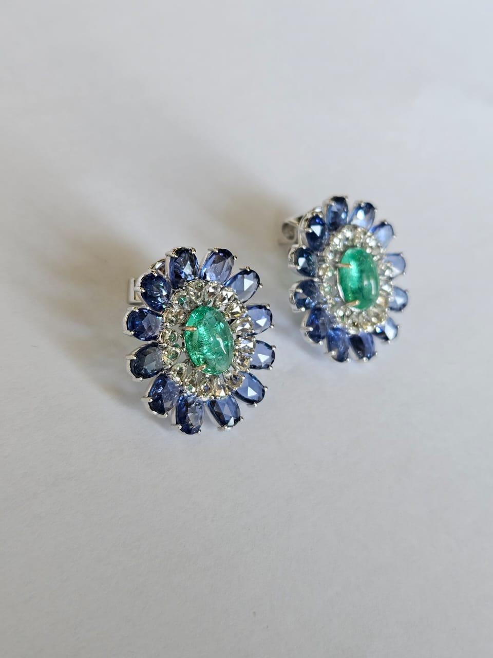 Cabochon Natural Colombian Emerald, Blue Sapphires & Rose Cut Diamonds Stud Earring For Sale