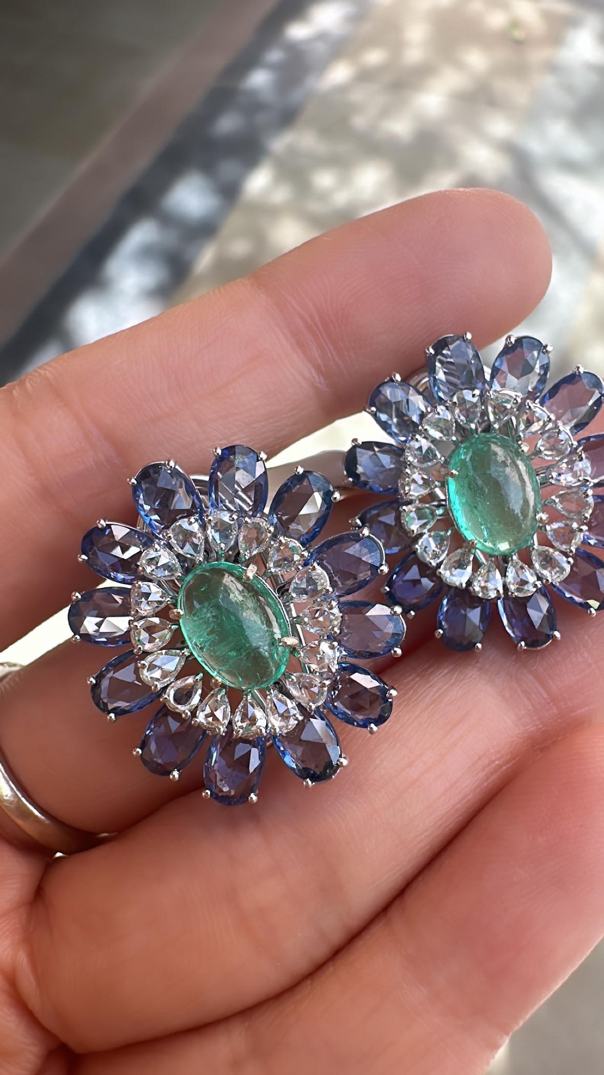 Women's or Men's Natural Colombian Emerald, Blue Sapphires & Rose Cut Diamonds Stud Earring For Sale