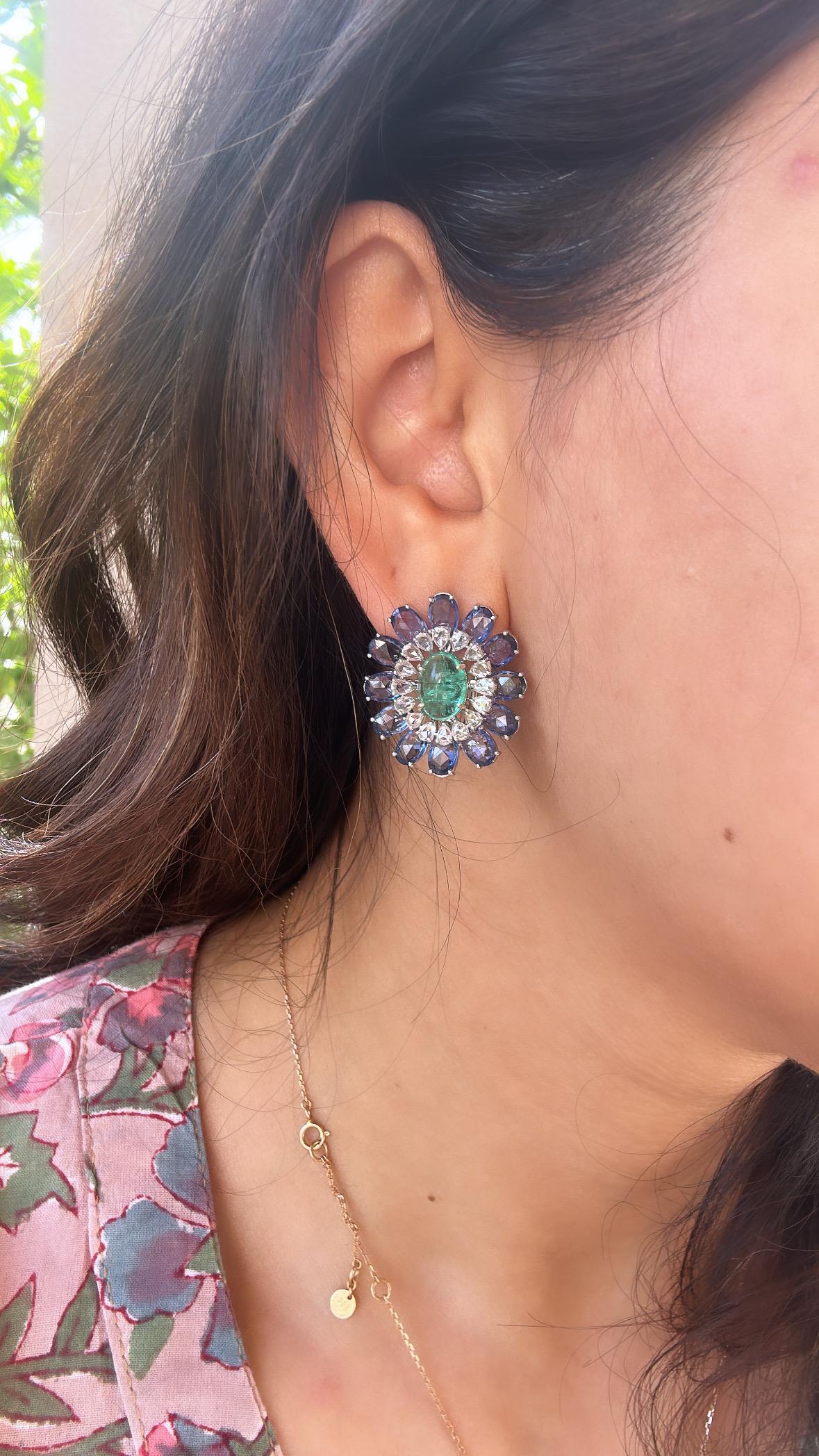 Natural Colombian Emerald, Blue Sapphires & Rose Cut Diamonds Stud Earring For Sale 3