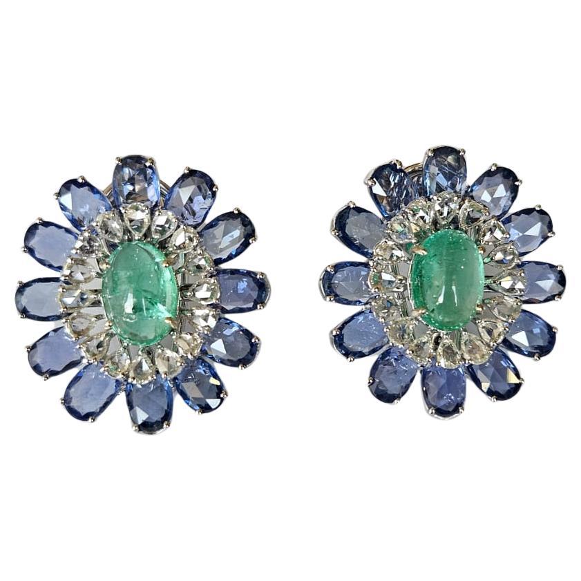 Natural Colombian Emerald, Blue Sapphires & Rose Cut Diamonds Stud Earring For Sale