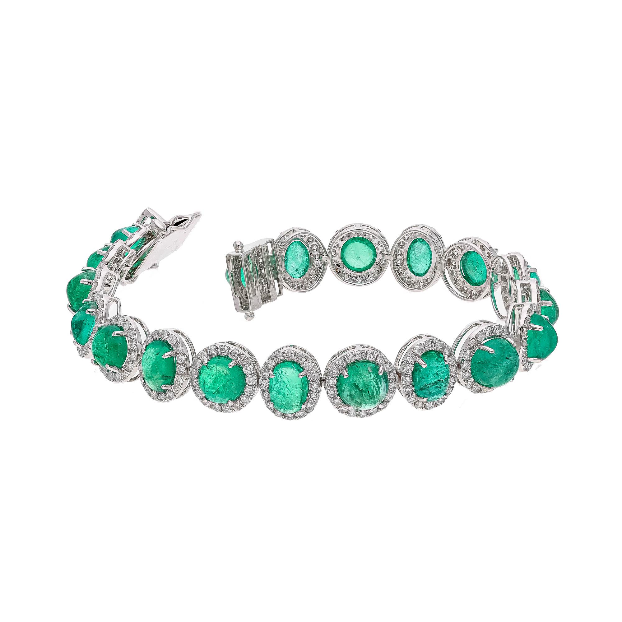 Mixed Cut Natural Zambian Emerald caboshan Bracelet with Diamond and 18k Gold For Sale