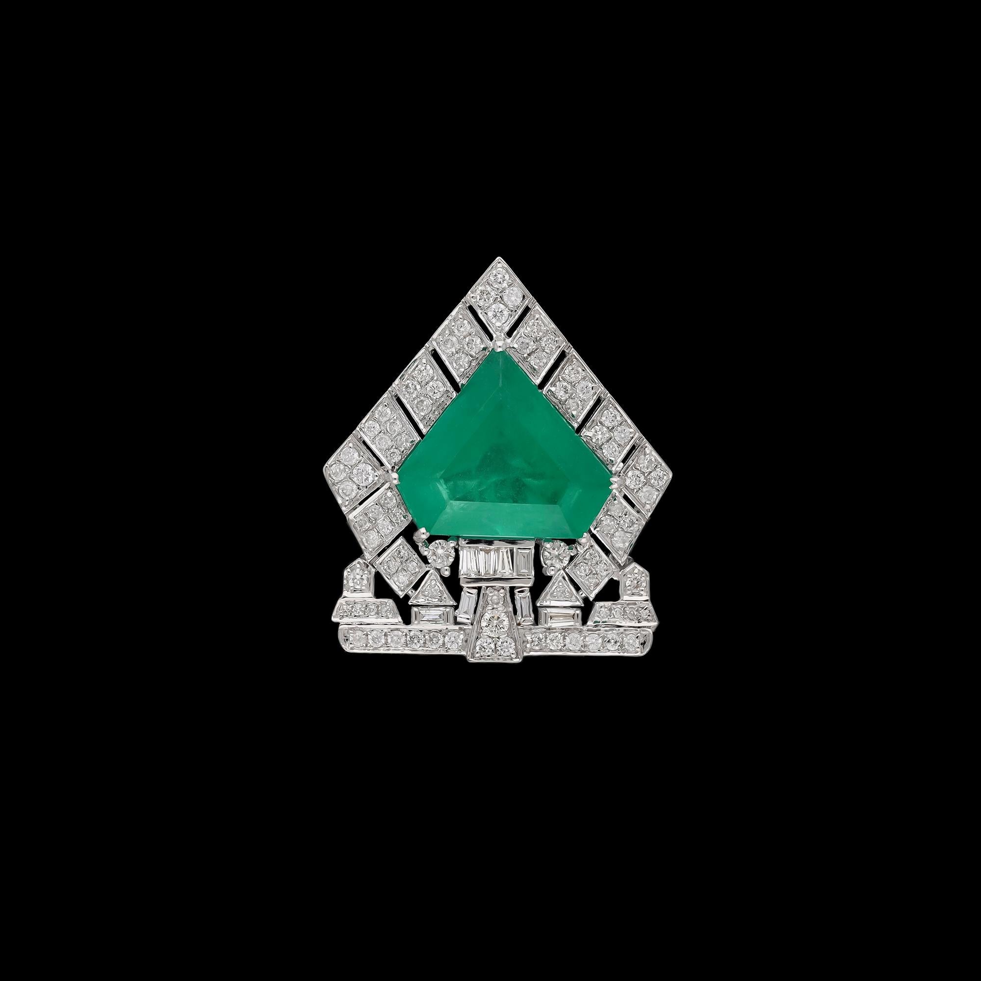 Emerald Cut Natural Zambian emerald brooch with diamond 0.93 cts in 18k gold For Sale