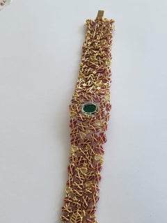 Natural Zambian Emerald Cabochon, Ruby Carving & Yellow Diamonds Cuff Bracelet