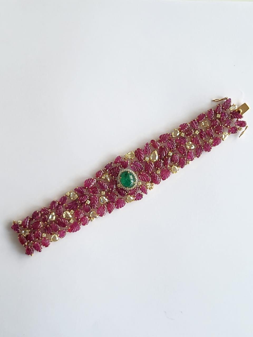 Rose Cut Natural Zambian Emerald Cabochon, Ruby Carving & Yellow Diamonds Cuff Bracelet For Sale
