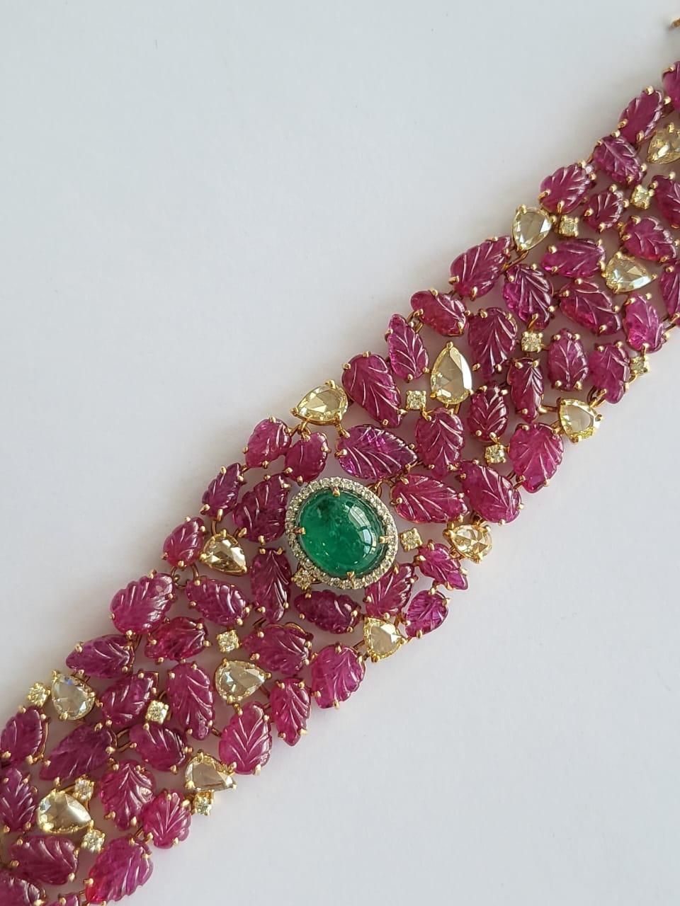 Natural Zambian Emerald Cabochon, Ruby Carving & Yellow Diamonds Cuff Bracelet For Sale 1