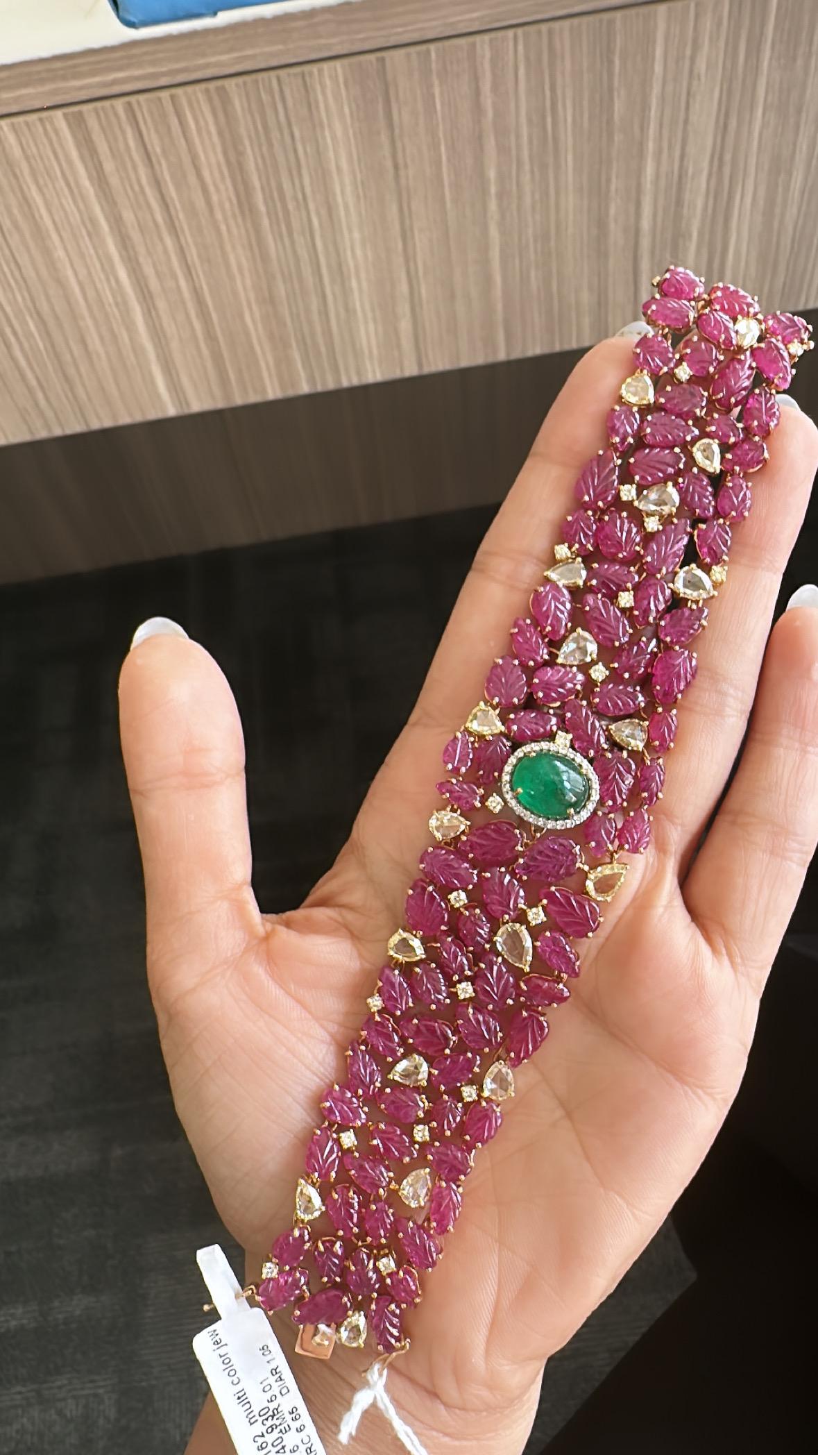 Natural Zambian Emerald Cabochon, Ruby Carving & Yellow Diamonds Cuff Bracelet For Sale 2