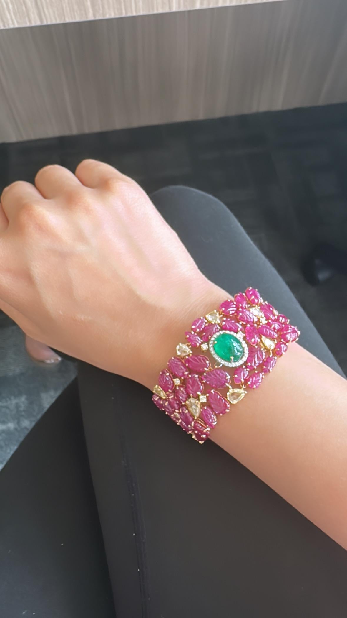Natural Zambian Emerald Cabochon, Ruby Carving & Yellow Diamonds Cuff Bracelet For Sale 3