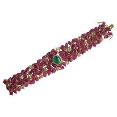Natural Zambian Emerald Cabochon, Ruby Carving & Yellow Diamonds Cuff Bracelet