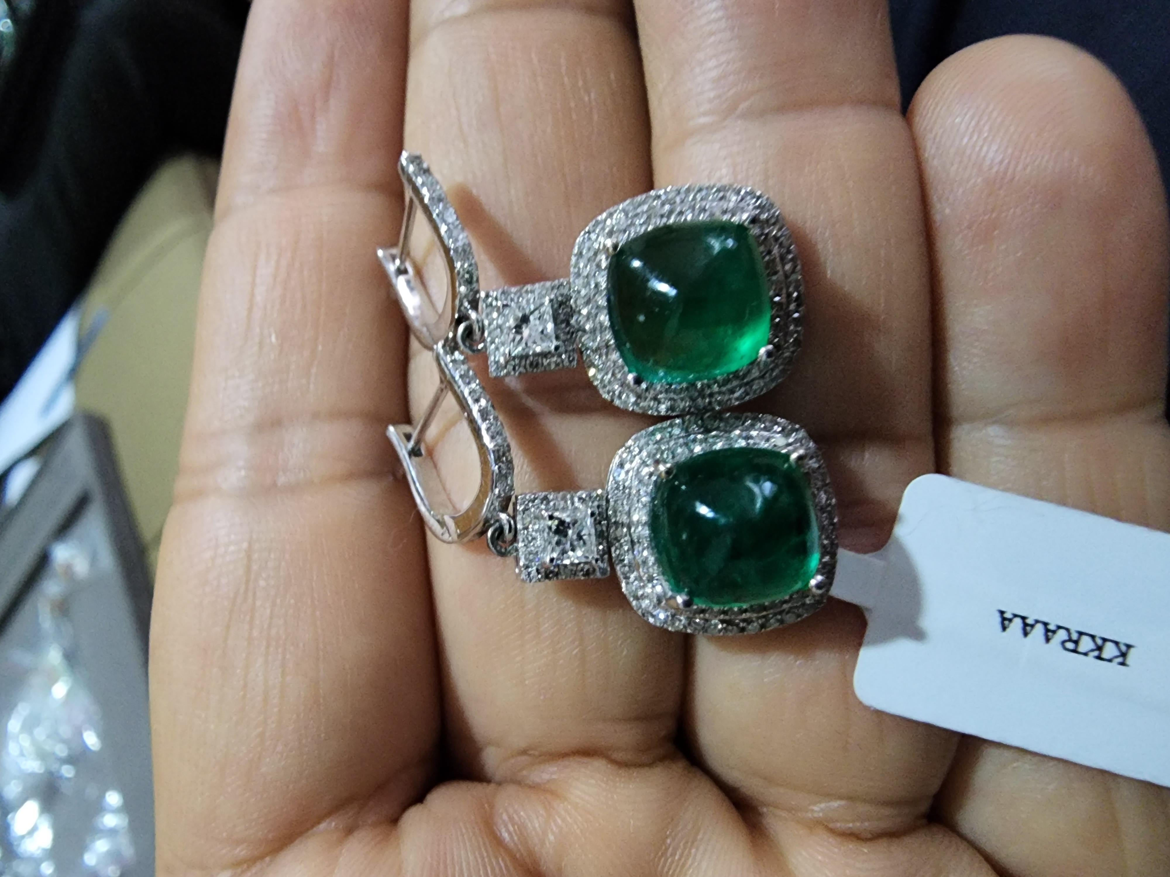 Emerald Cut Natural Zambian Emerald Caboshan 8.42 Carats and Diamonds 1.54 Carats /14k Gold For Sale