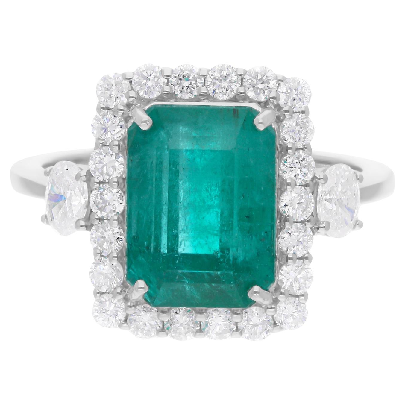 Natürlicher sambischer Smaragd-Cocktailring SI/H Diamant 14 Karat Weißgold Schmuck