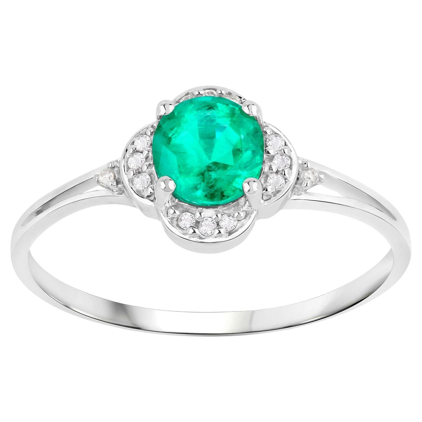 Natural Zambian Emerald Cocktail Ring With Diamonds 0.50 Carats 14K White Gold For Sale
