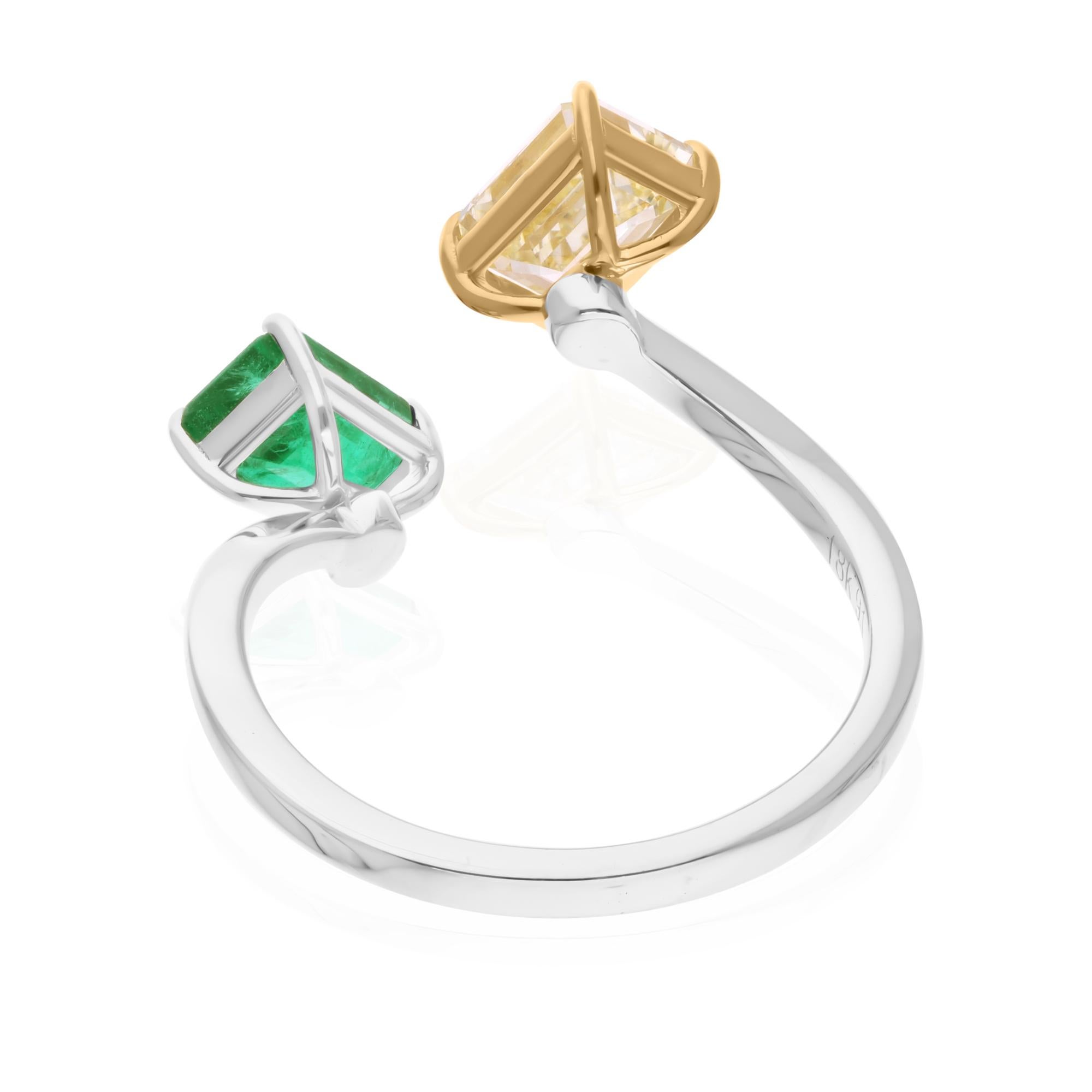 Modern Natural Zambian Emerald Cuff Ring Emerald Cut Diamond 14 Karat Yellow White Gold For Sale