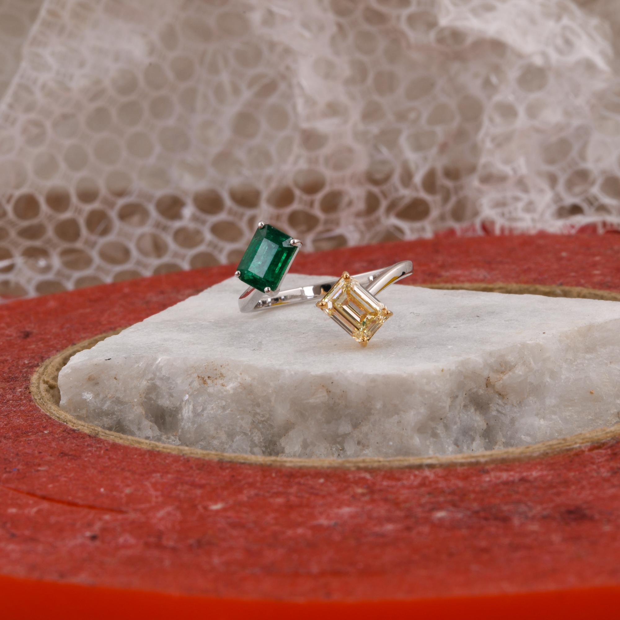 Women's Natural Zambian Emerald Cuff Ring Emerald Cut Diamond 14 Karat Yellow White Gold For Sale