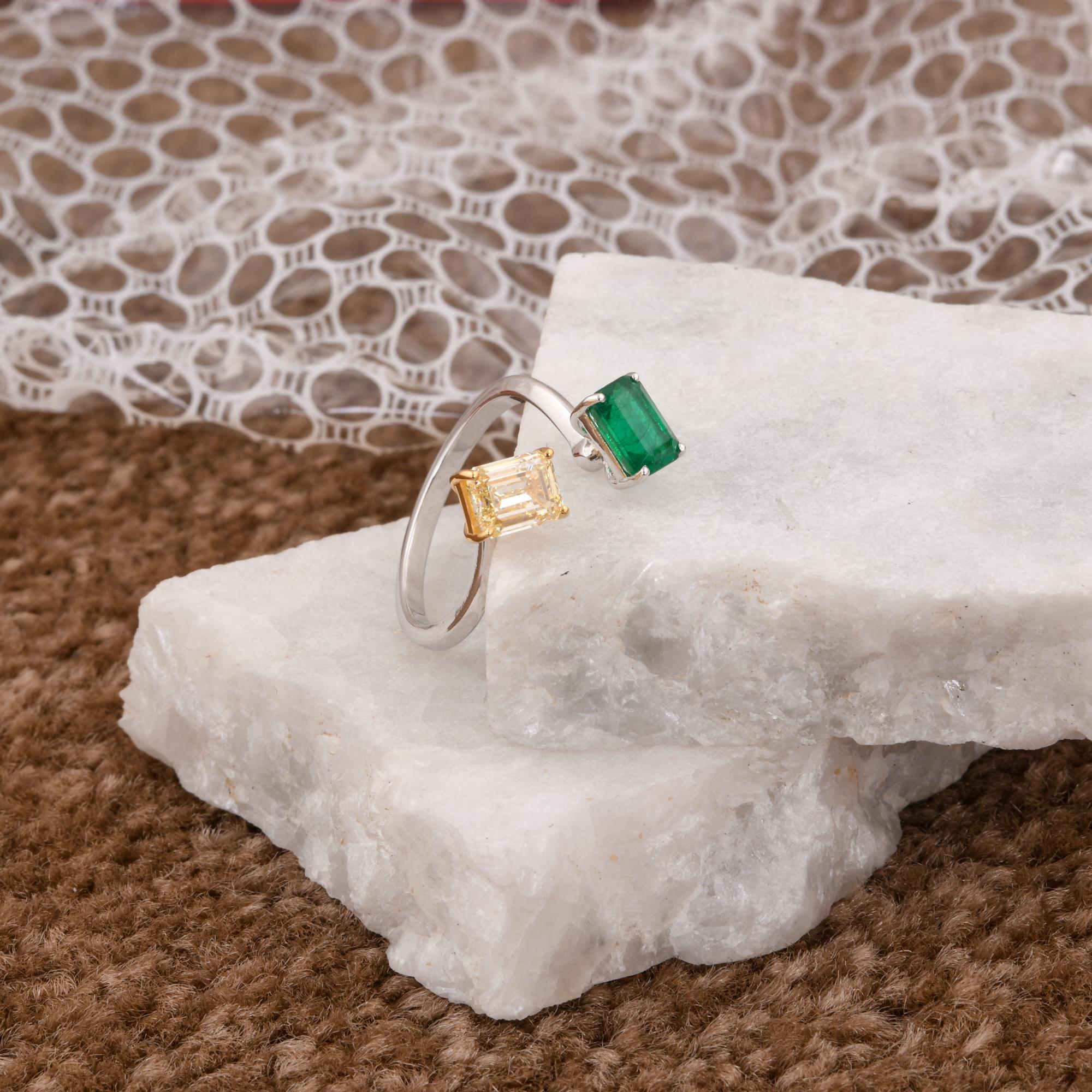 Natural Zambian Emerald Cuff Ring Emerald Cut Diamond 14 Karat Yellow White Gold For Sale 1