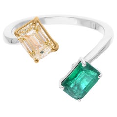 Natural Zambian Emerald Cuff Ring Emerald Cut Diamond 14 Karat Yellow White Gold
