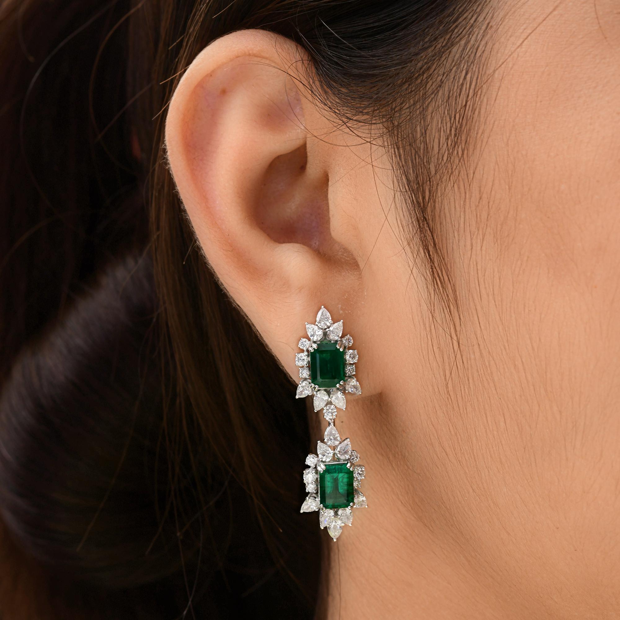 Emerald Cut Natural Zambian Emerald Dangle Earrings SI/H Diamond 14 Karat White Gold Jewelry For Sale