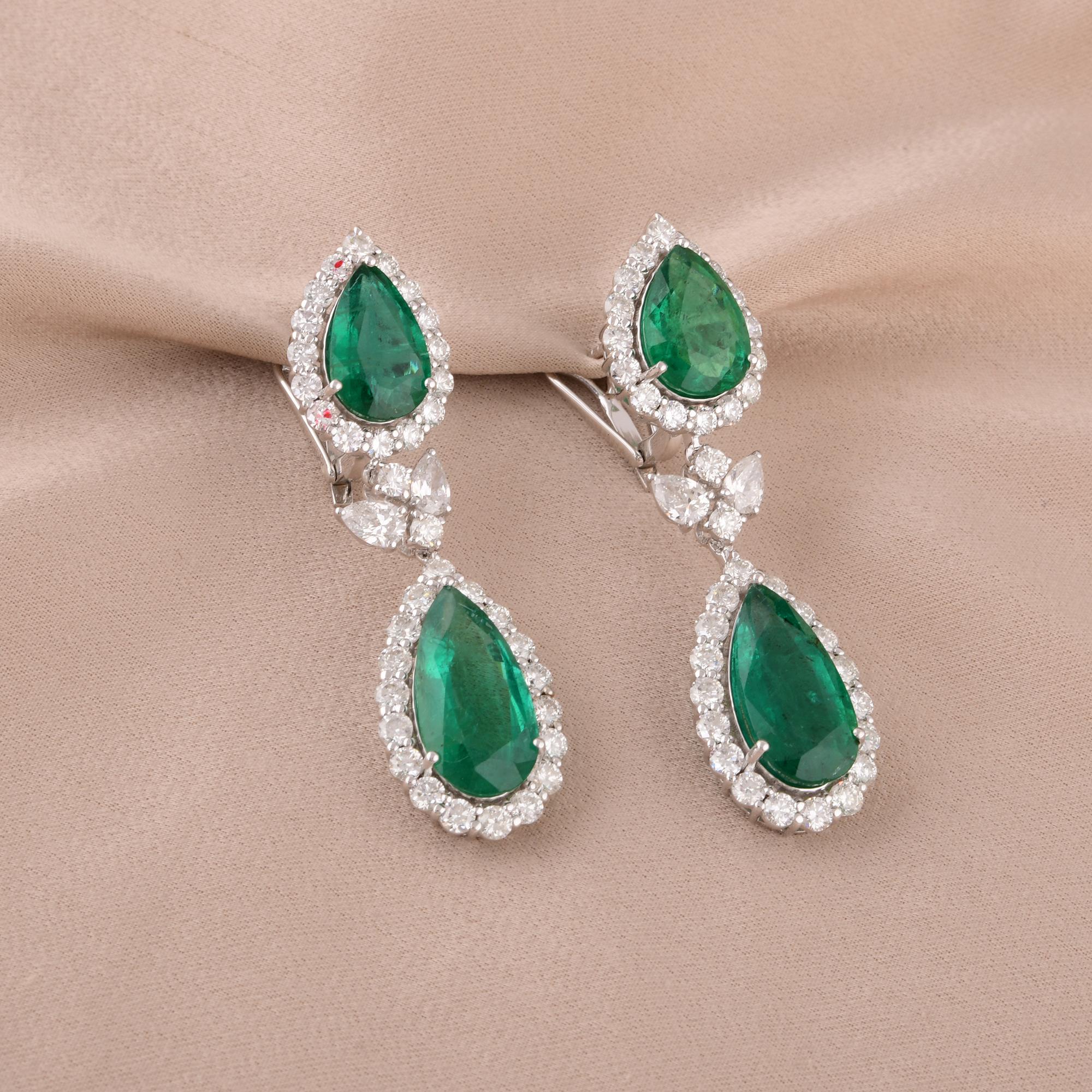 Pear Cut Natural Zambian Emerald Dangle Earrings SI/H Diamond 18 Karat White Gold Jewelry For Sale