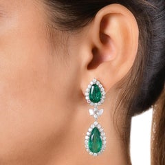Nature Emeraude Zambienne Dangle Earrings SI/H Diamond 18 Karat White Gold Jewelry
