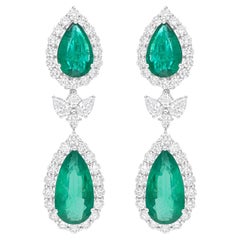 Natural Zambian Emerald Dangle Earrings SI/H Diamond 18 Karat White Gold Jewelry