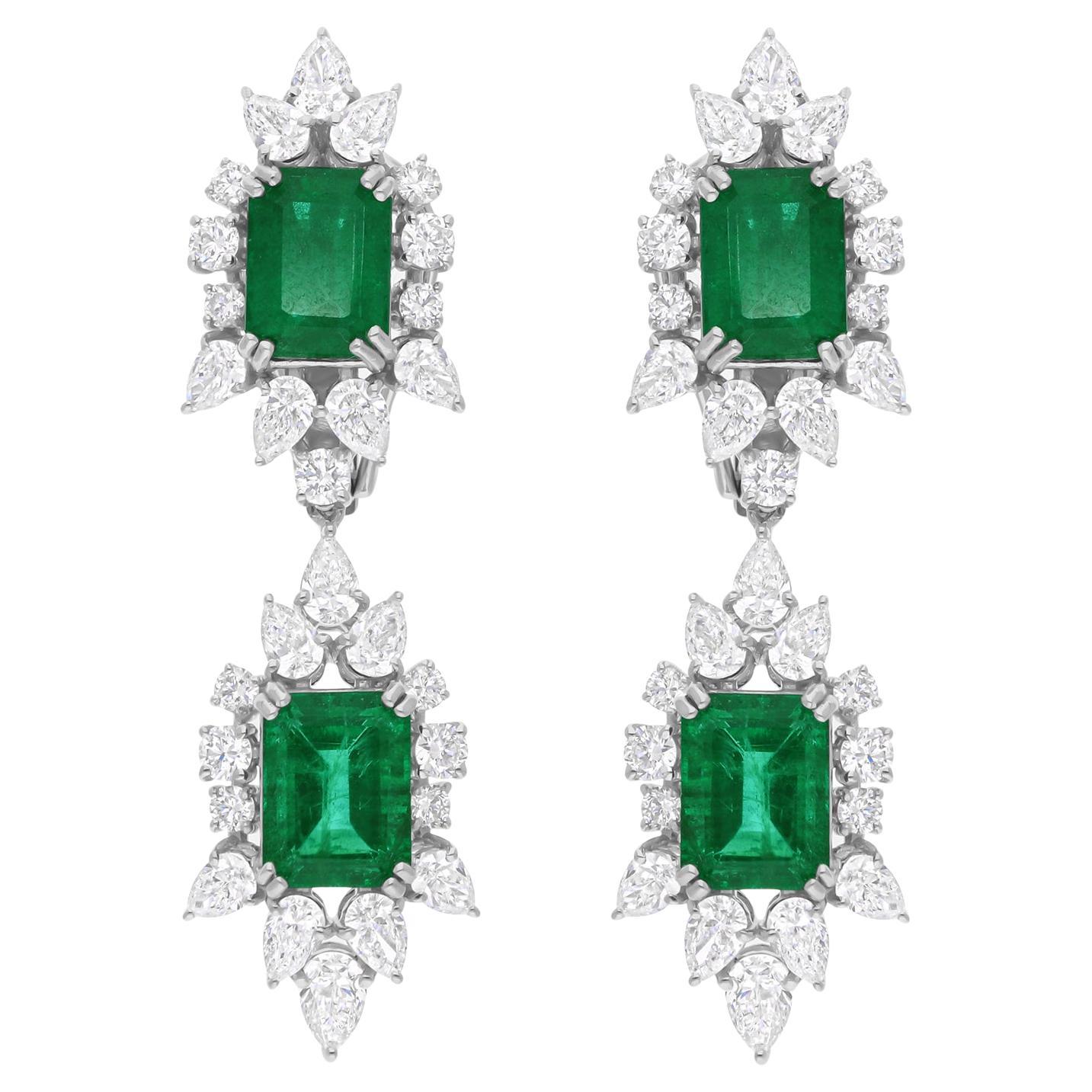 Natural Zambian Emerald Dangle Earrings SI/H Diamond 18 Karat White Gold Jewelry