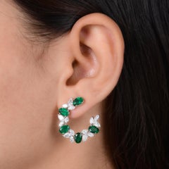 Natural Zambian Emerald Diamond C Hoop Earrings 18 Karat White Gold