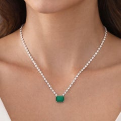 Natural Zambian Emerald Diamond Chain Necklace 18k White Gold Handmade Jewelry