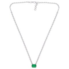 Natural Zambian Emerald Diamond Chain Necklace 18k White Gold Handmade Jewelry