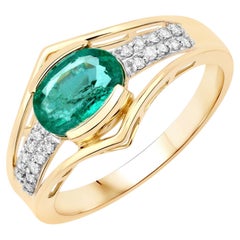 Natural Zambian Emerald & Diamond Cocktail Ring 14k Yellow Gold
