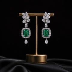 Natural 6.69 Ct Zambian Emerald 7.80 Ct Diamond Drop Earrings 18K White Gold