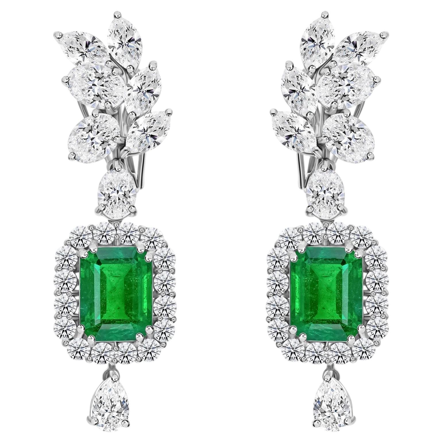 Natural 6.69 Ct Zambian Emerald 7.80 Ct Diamond Drop Earrings 18K White Gold