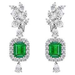 Natural 6.69 Ct Zambian Emerald 7.80 Ct Diamond Drop Earrings 18K White Gold