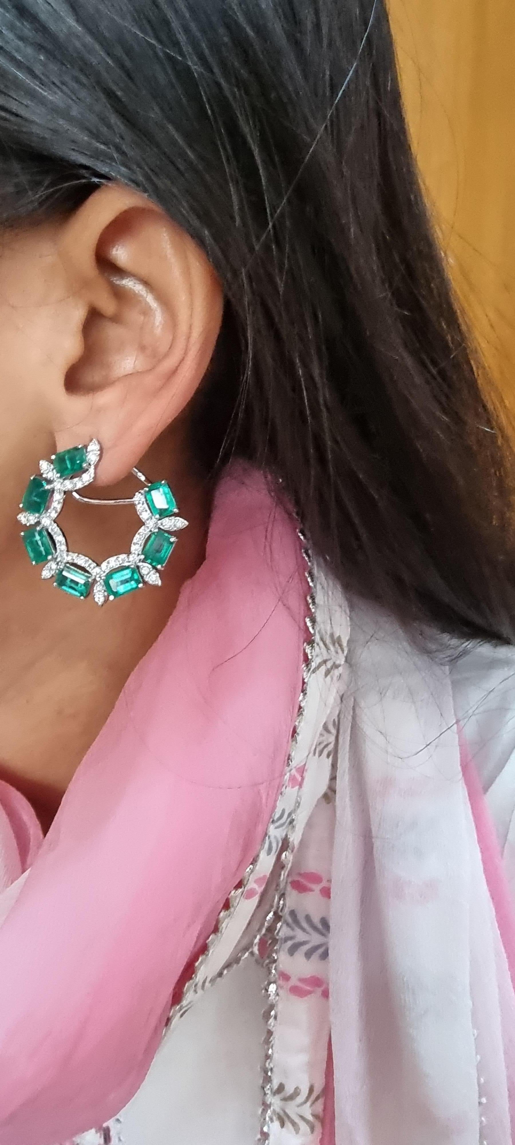 Women's Natural Zambian Emerald Diamond Earring in 14k Gold For Sale