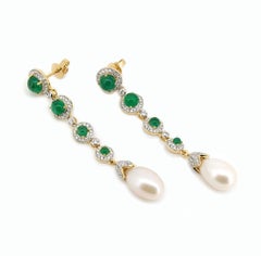 Handmade 18K Yellow Gold Zambian Emerald & Diamond Drop Earrings