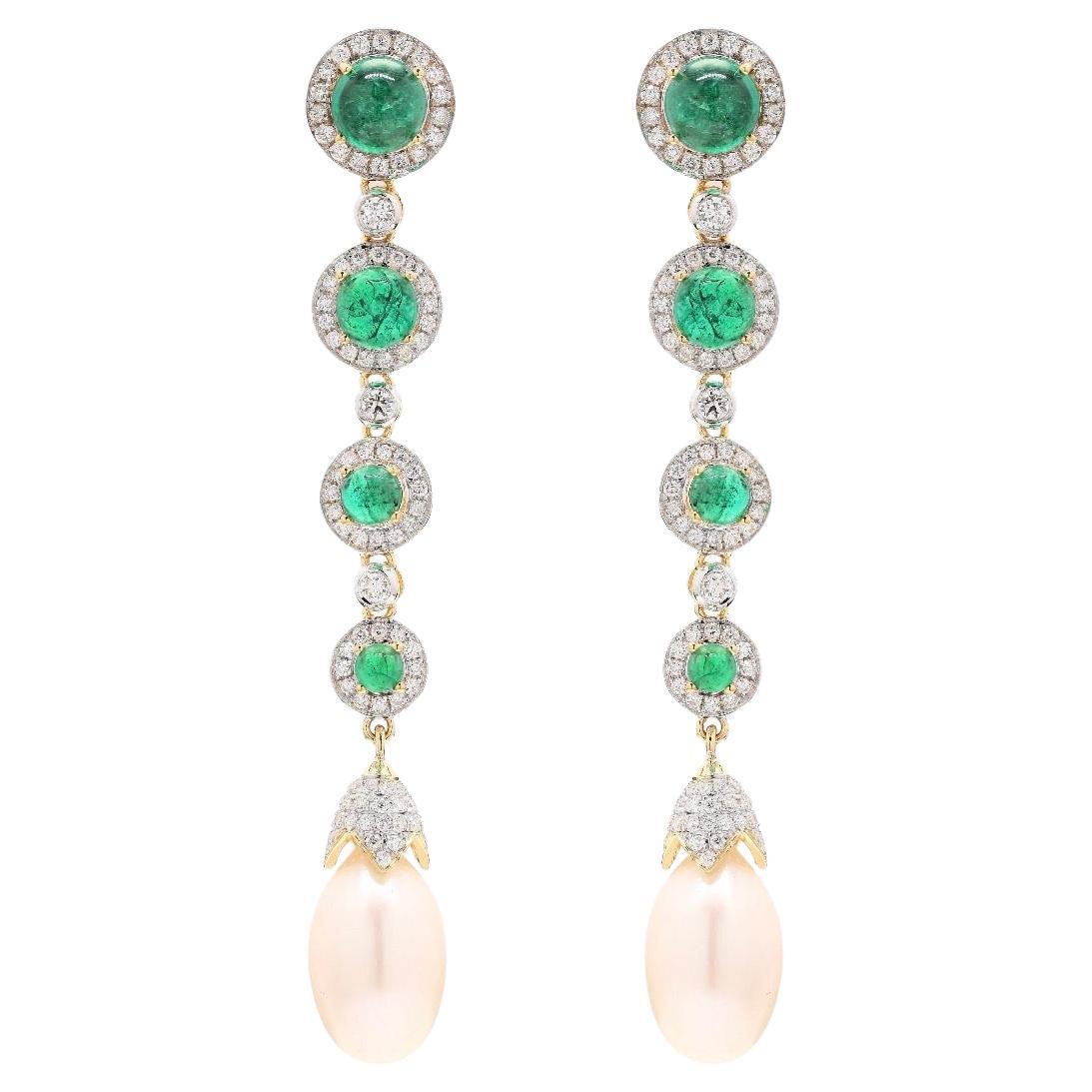 Handmade 18K Yellow Gold Zambian Emerald & Diamond Drop Earrings