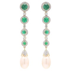 Handmade 18K Yellow Gold Zambian Emerald & Diamond Drop Earrings
