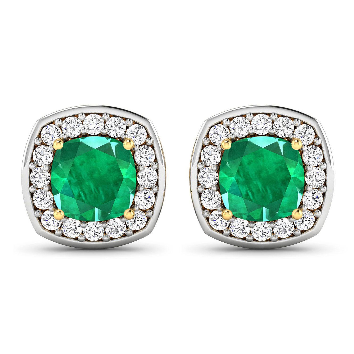 Contemporary Natural Zambian Emerald & Diamond Earrings Total 2.25 Carats 14k Yellow Gold
