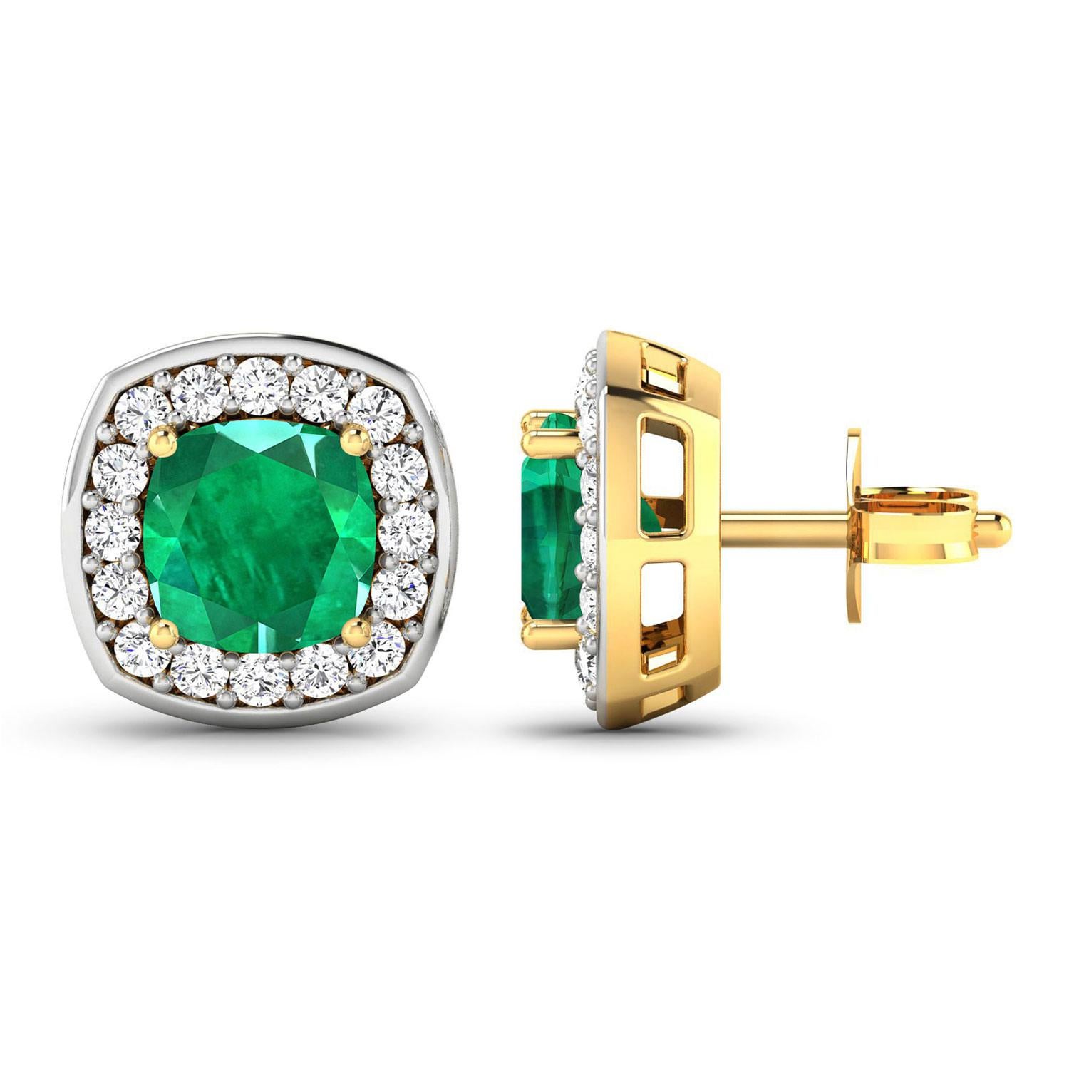 Cushion Cut Natural Zambian Emerald & Diamond Earrings Total 2.25 Carats 14k Yellow Gold