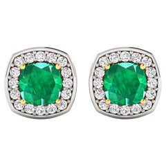 Natural Zambian Emerald & Diamond Earrings Total 2.25 Carats 14k Yellow Gold