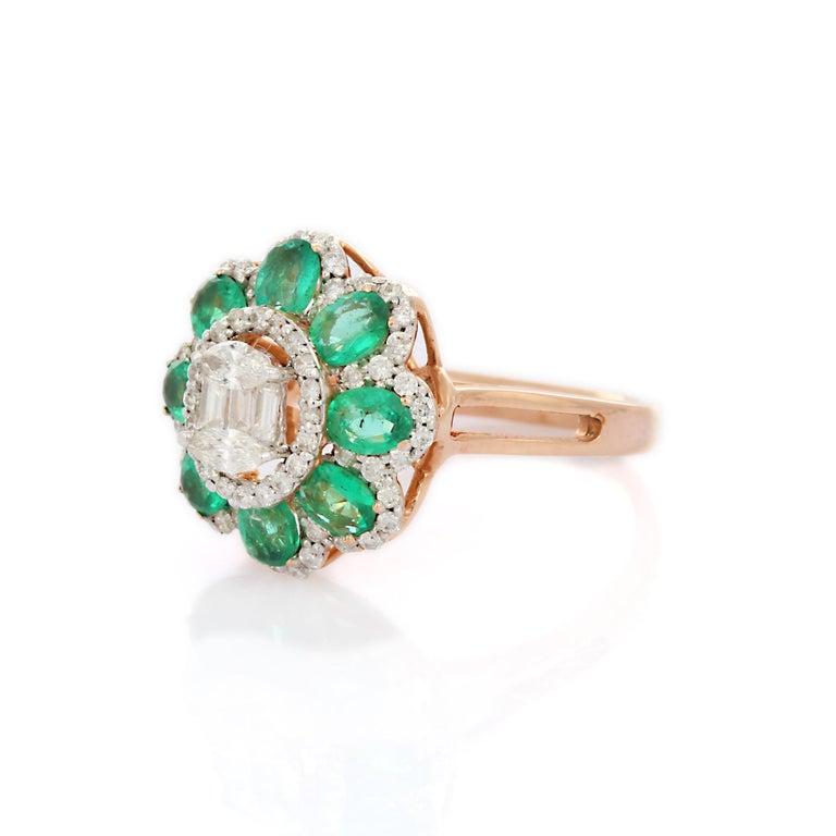For Sale:  Natural Zambian Emerald Diamond Floral Cocktail Ring for Women in 18k Rose Gold 11