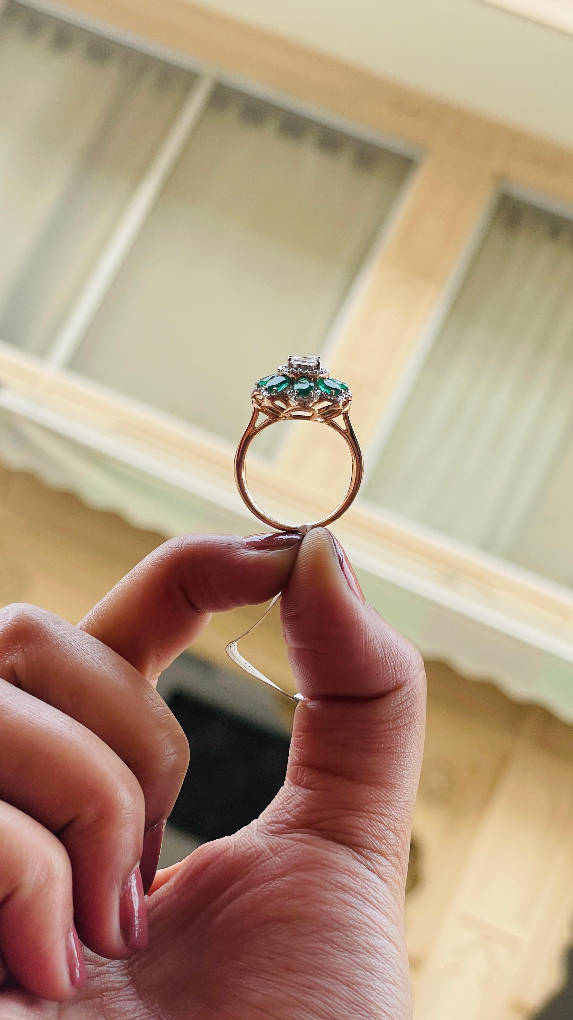 For Sale:  Natural Zambian Emerald Diamond Floral Cocktail Ring for Women in 18k Rose Gold 12