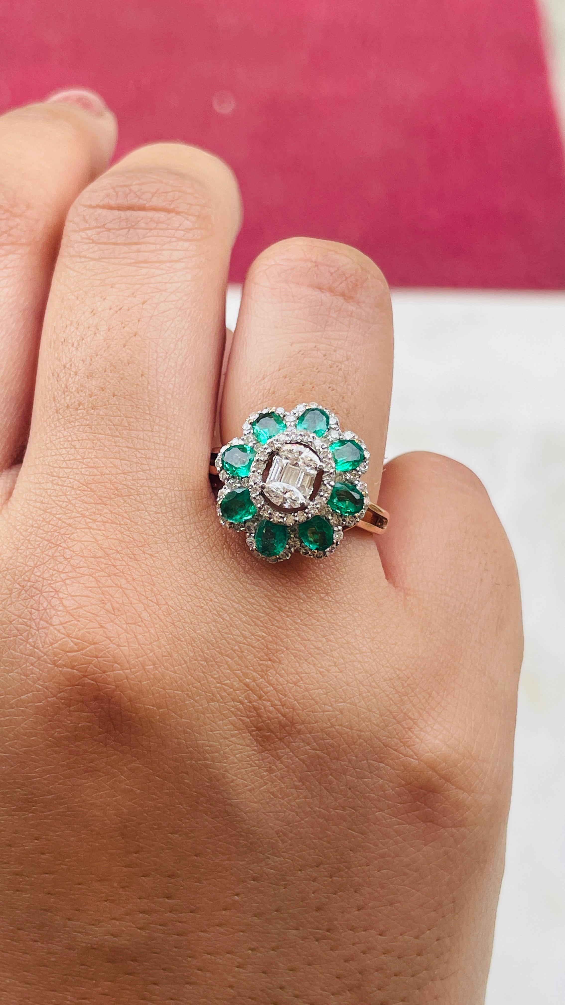 For Sale:  Natural Zambian Emerald Diamond Floral Cocktail Ring for Women in 18k Rose Gold 2