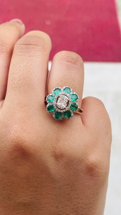 Natural Zambian Emerald Diamond Floral Cocktail Ring for Women in 18k Rose Gold