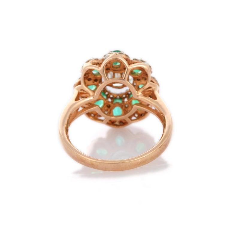 For Sale:  Natural Zambian Emerald Diamond Floral Cocktail Ring for Women in 18k Rose Gold 4