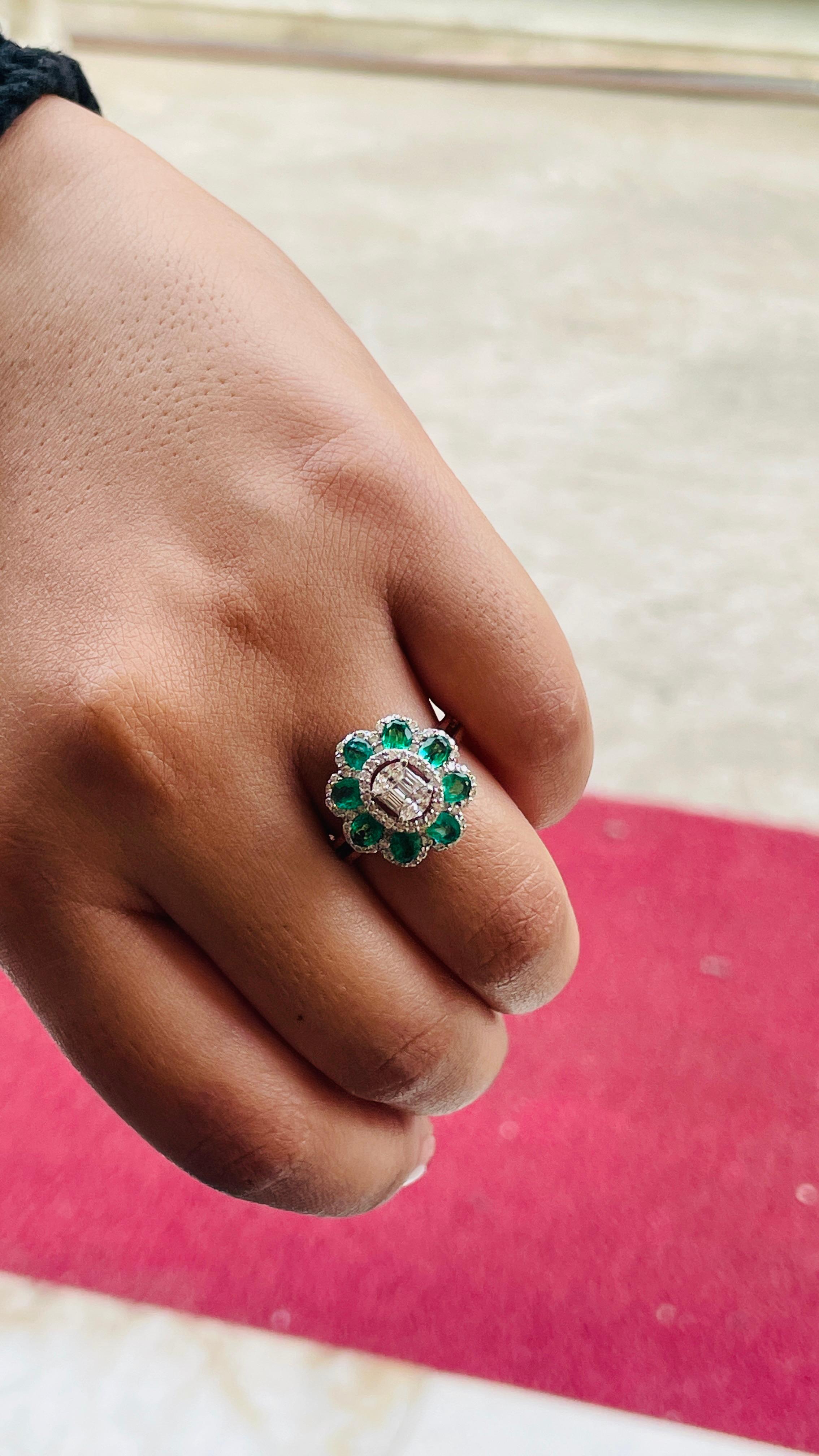 For Sale:  Natural Zambian Emerald Diamond Floral Cocktail Ring for Women in 18k Rose Gold 5
