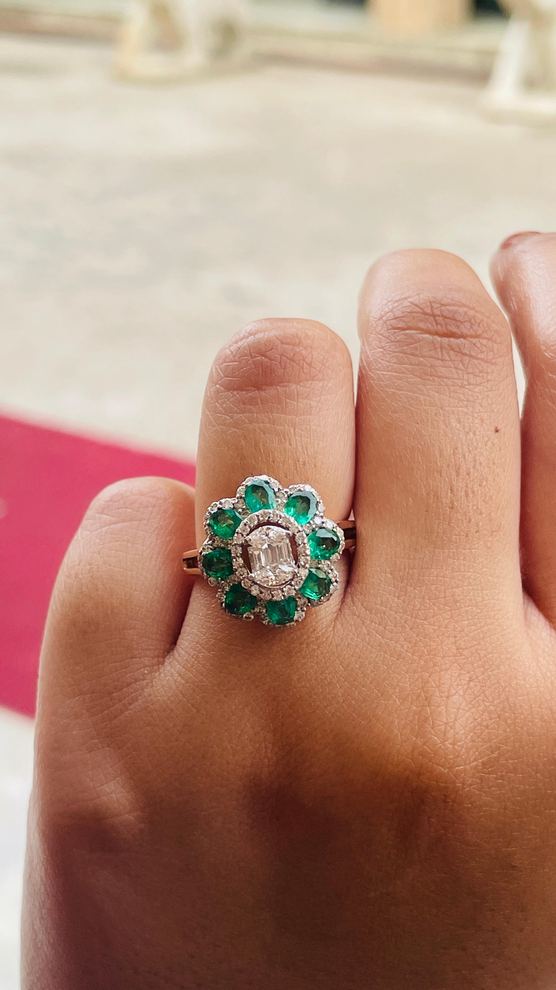 For Sale:  Natural Zambian Emerald Diamond Floral Cocktail Ring for Women in 18k Rose Gold 6